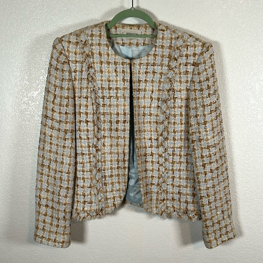 Brighton Paris Blue & Tan Tweed Boucle Blazer Hook Eye Closure Size 44(European)